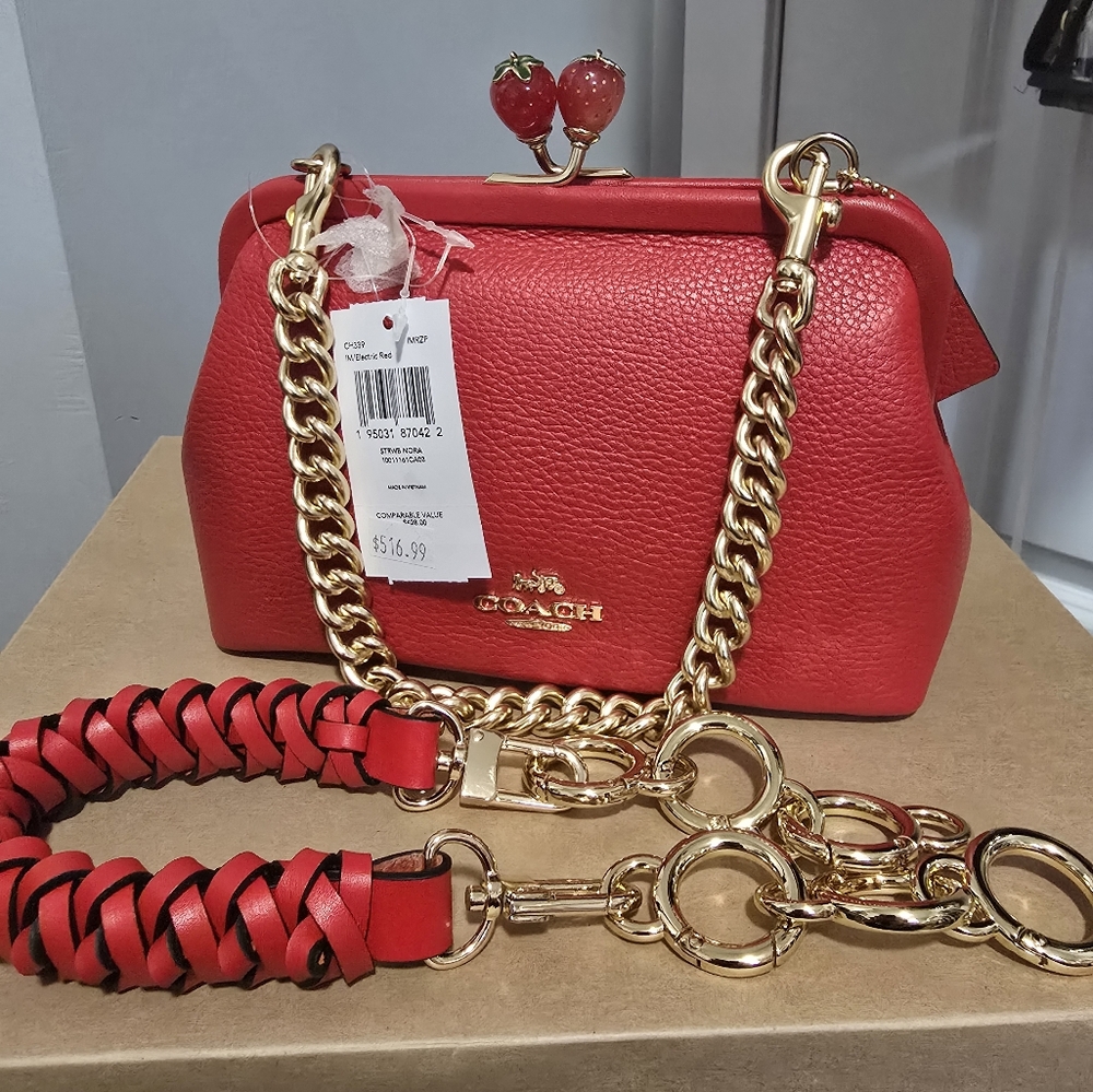 Coach Red and Gold Crossbody Bag with Luxurious Chain